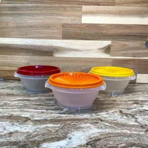 Set of 3 Tupperware Servalier Bowls Clear with Red Orange & Yellow lids Vintage